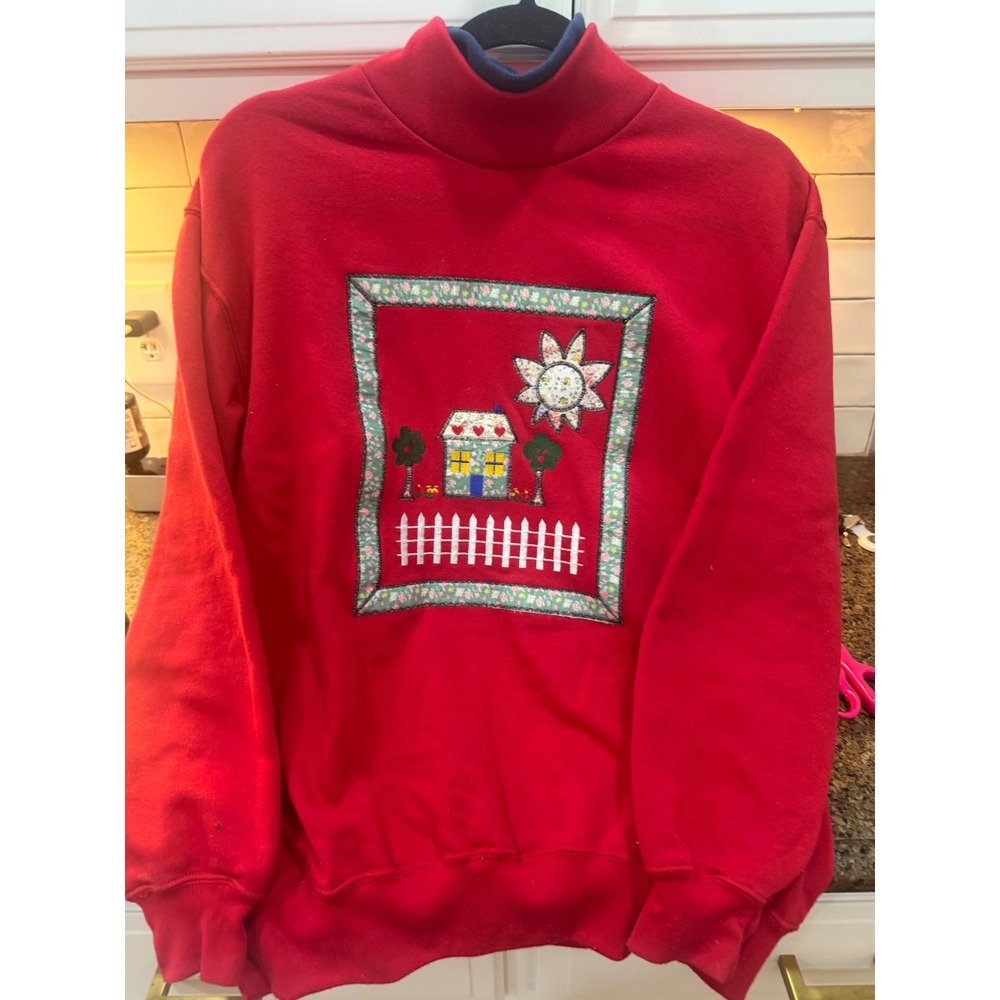 Sports Accent Red Mock Neck‎ Sweatshirt Women's Size S Applique House Sun Trees